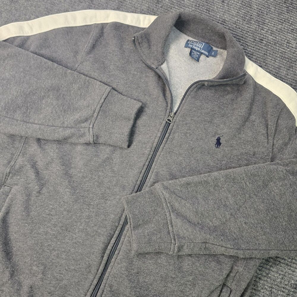 Polo Ralph Lauren Sweatshirt Men Large Gray Full Zip Casual Fleece Jacket VTG